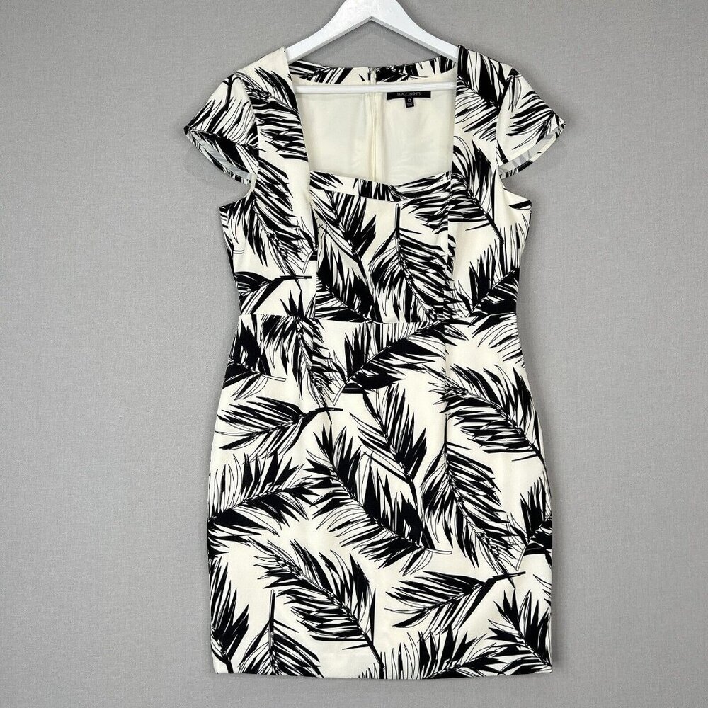 Toccin Womens Dress 12 Beige Jet Vanilla Palm Leaf Sheath Crepe‎ Tropical Resort